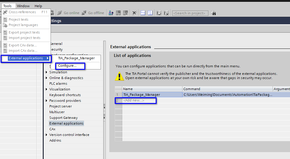 ConfigureExternalApplicatoin